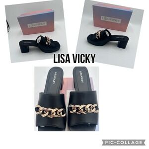 Lisa Vicky‎ Black Sheep Nappa Platform Sandals Gold Chain Detail Block Heel 7.5M